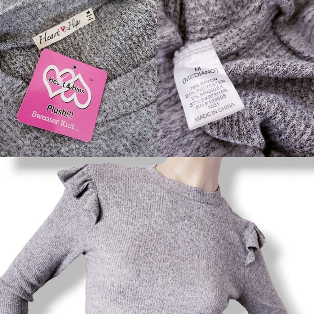 Heart & Hips Gray Ribbed Ruffled Shoulder Cropped Sweater Top - Picture 7 of 8